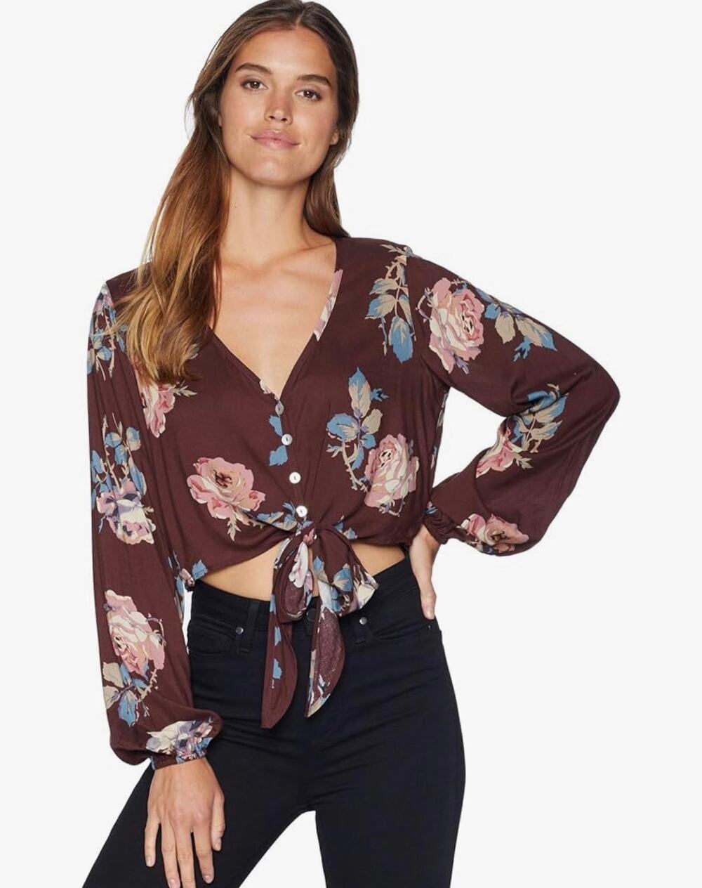 Show Me Your MuMu Tatum Tie Top Floral Burgundy Boho Blouse 2010s XS